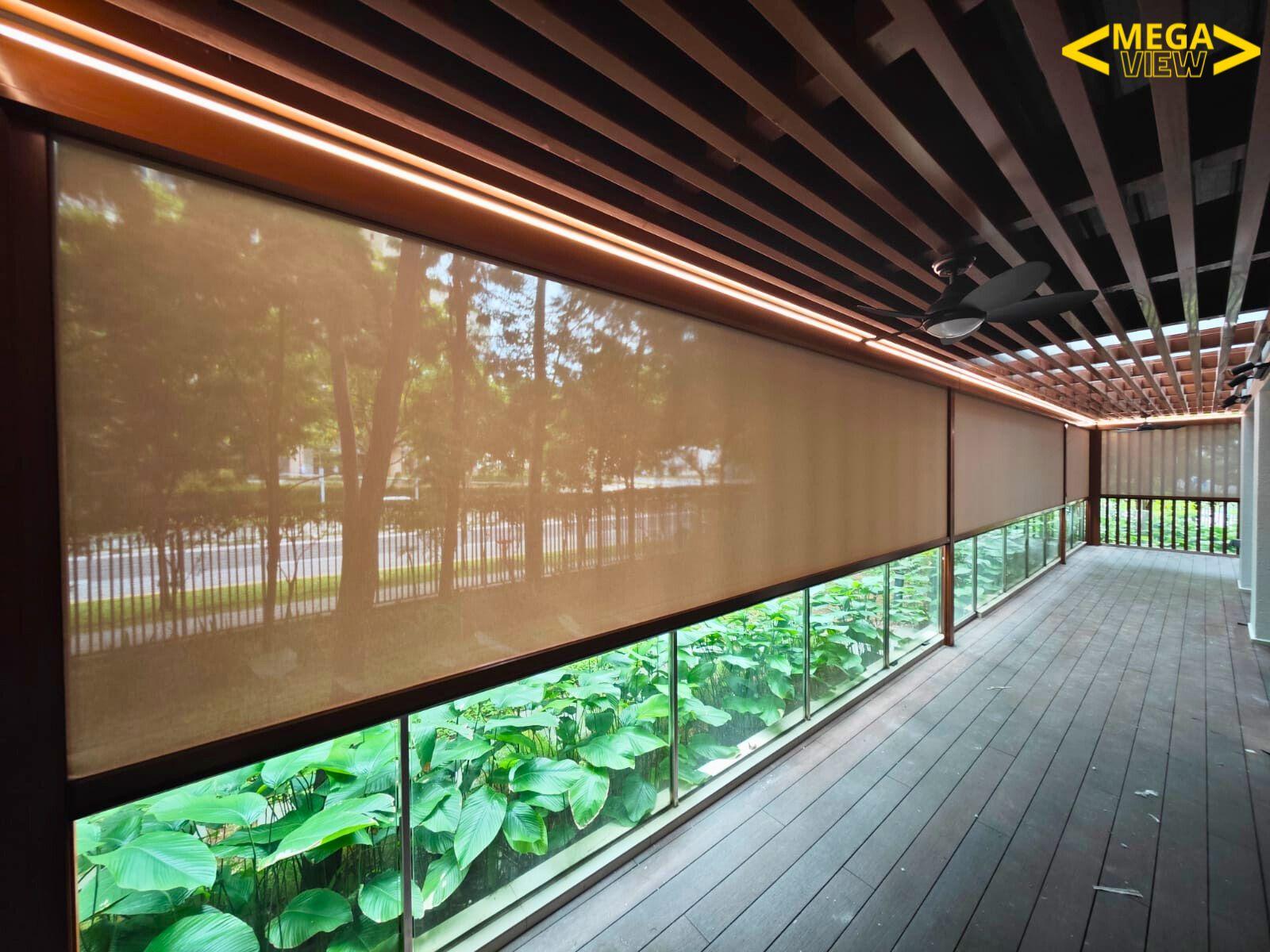 Wide Zip Blind system for a hotel outdoor dining area