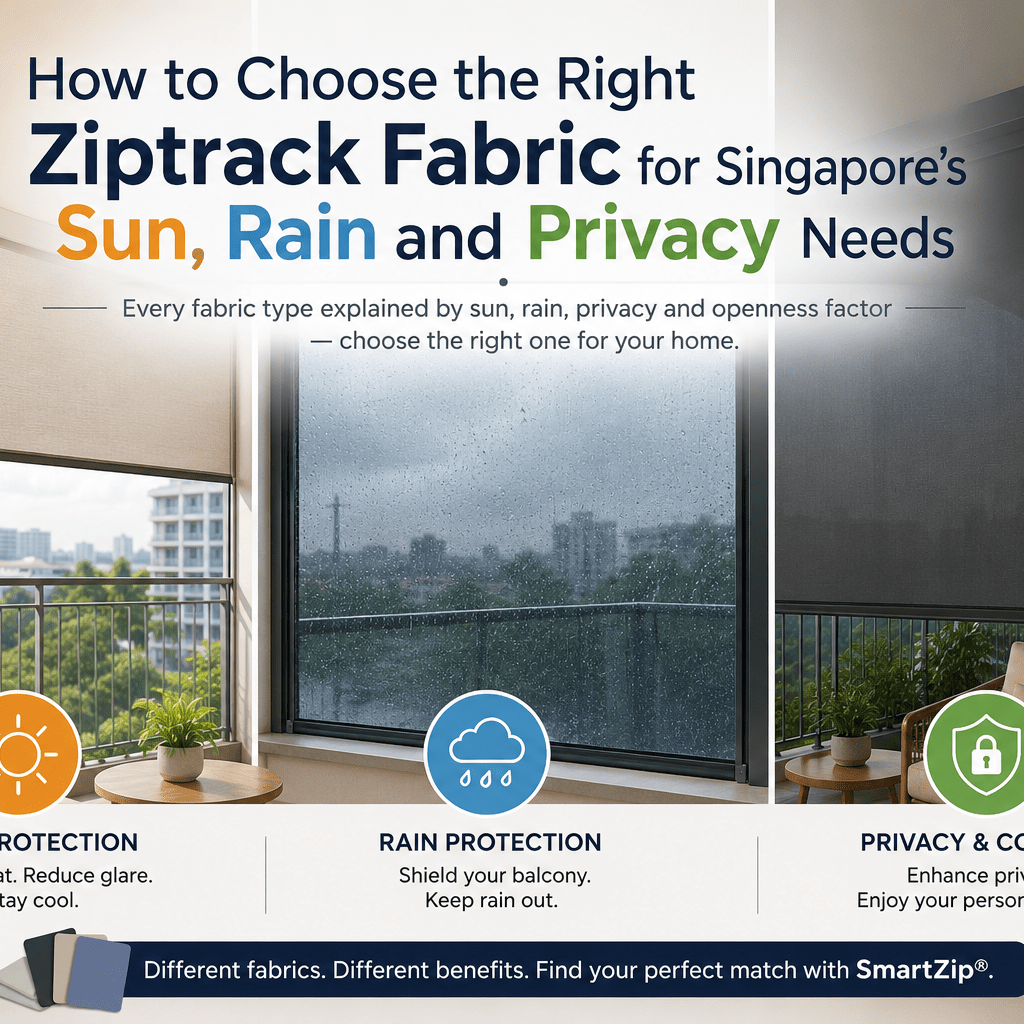Singapore condominium balcony with Ziptrack outdoor blinds demonstrating sun protection, rain protection and privacy fabric options for modern homes.