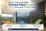 Singapore condominium balcony with Ziptrack outdoor blinds demonstrating sun protection, rain protection and privacy fabric options for modern homes.