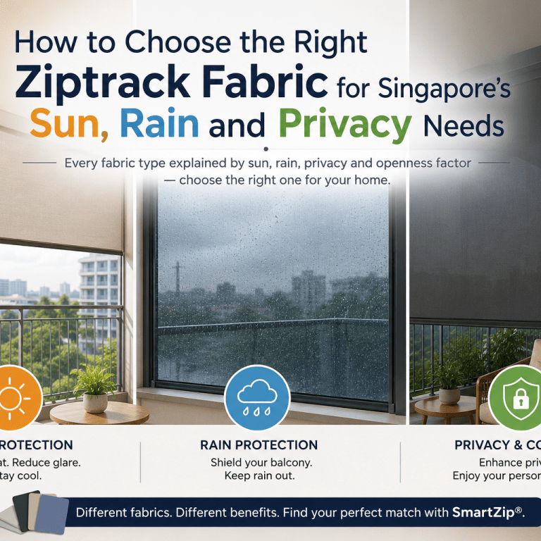 Singapore condominium balcony with Ziptrack outdoor blinds demonstrating sun protection, rain protection and privacy fabric options for modern homes.