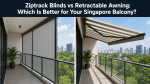 A side-by-side comparison of two Singapore condo balconies: the left shows a Ziptrack blind fully extended with a clean grey roller screen enclosing the balcony, while the right shows a retractable awning with beige and brown stripes extended outward providing shade, both overlooking a lush green cityscape.