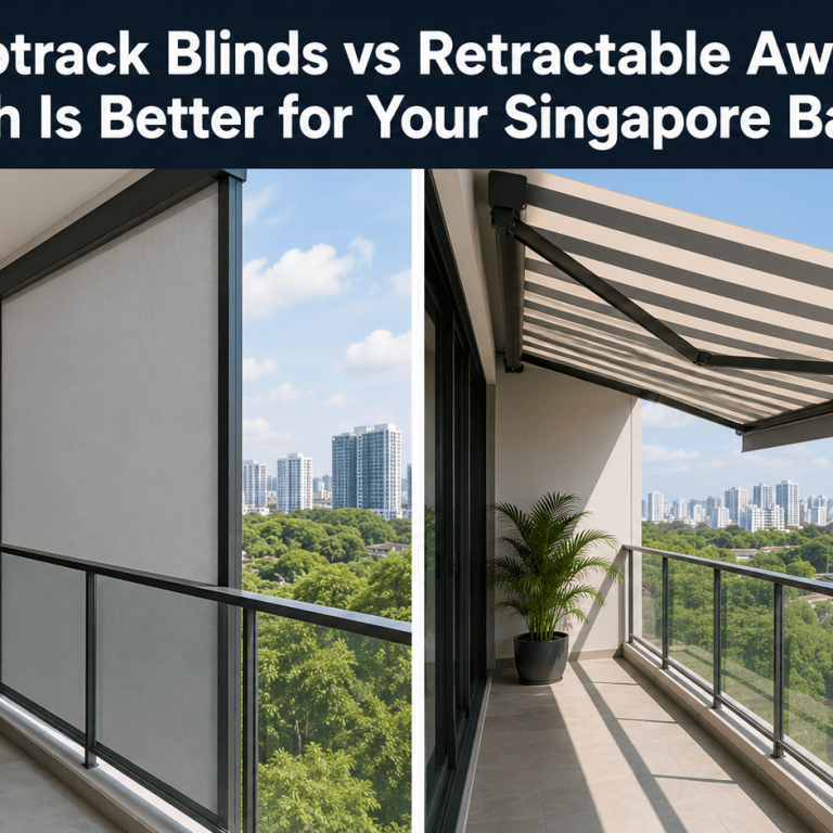 A side-by-side comparison of two Singapore condo balconies: the left shows a Ziptrack blind fully extended with a clean grey roller screen enclosing the balcony, while the right shows a retractable awning with beige and brown stripes extended outward providing shade, both overlooking a lush green cityscape.