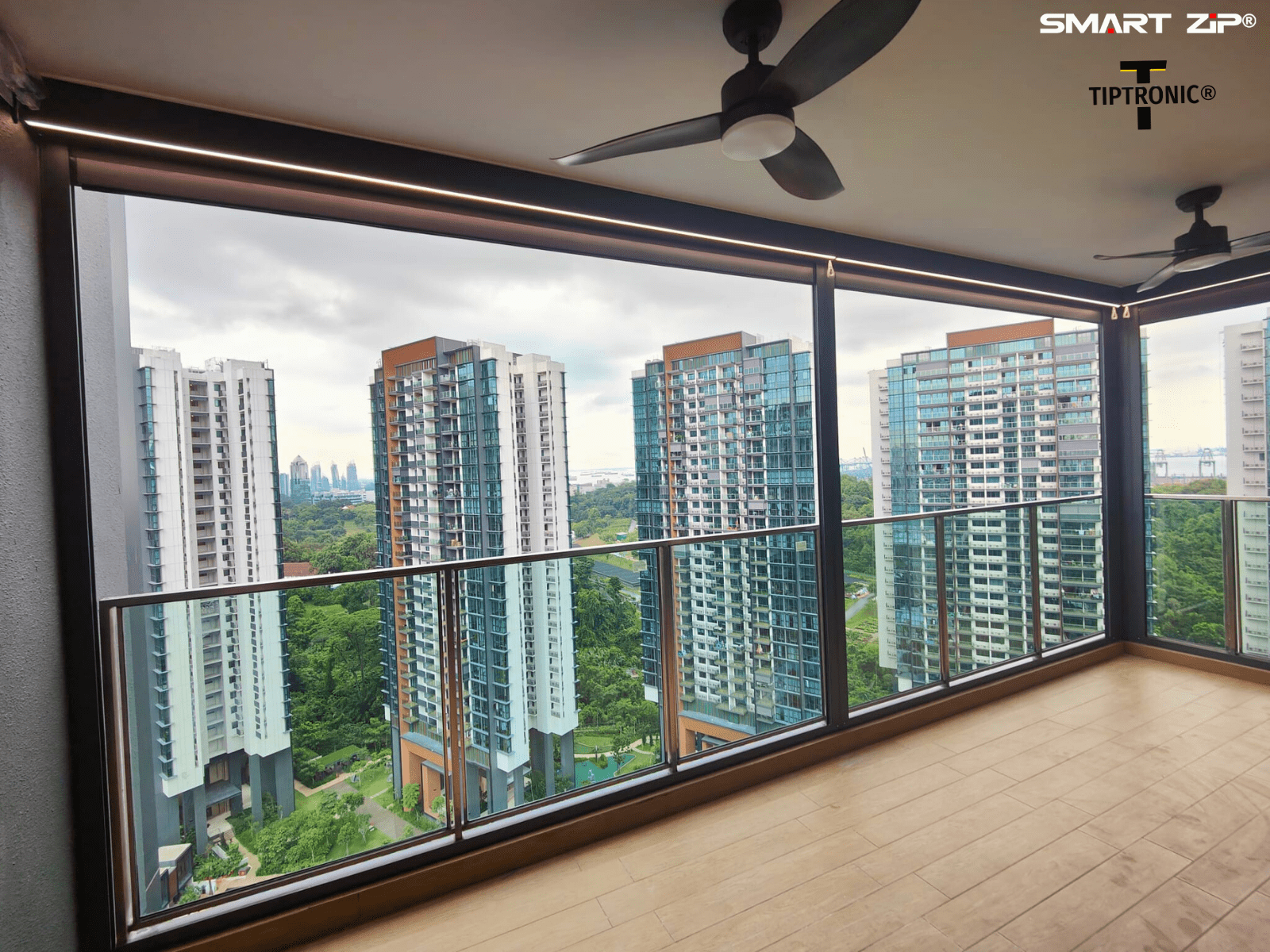 SmartZip Tiptronic balcony blinds installed at a high-floor condominium in Singapore