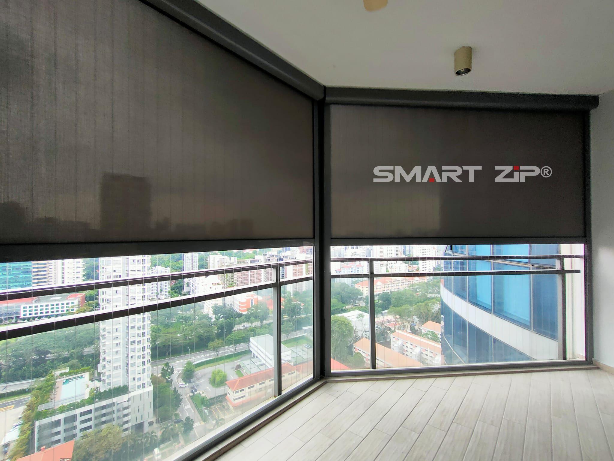 SmartZip balcony blinds installed with invisible grilles in a high-floor condominium