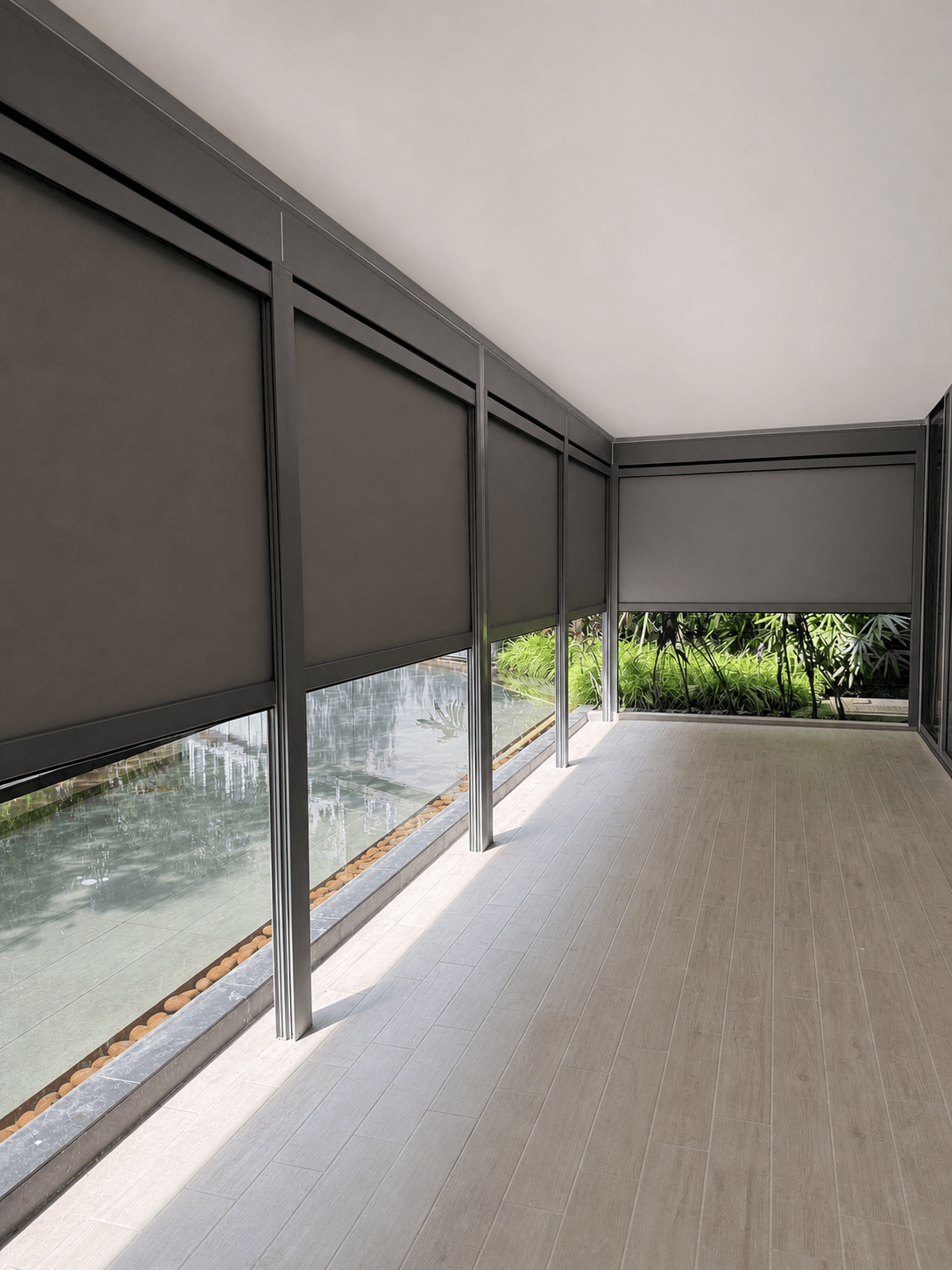Shading fabric lowered for glare reduction and daytime privacy