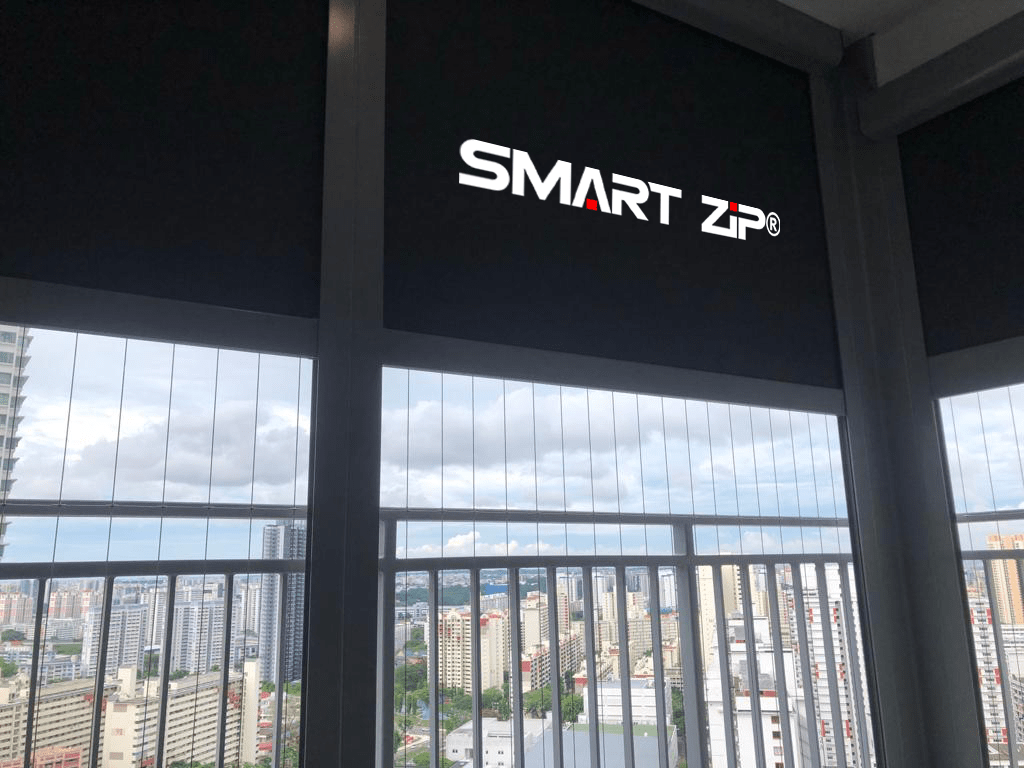 SmartZip Flagship motorised balcony blinds installed at a high-floor Singapore residence