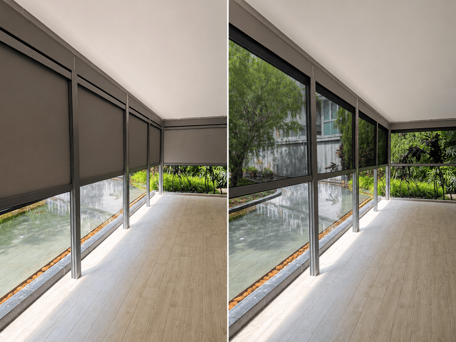 Side-by-side comparison of SmartZip Dual Zipblind with the outer privacy shade lowered on the left and the inner insect mesh lowered on the right