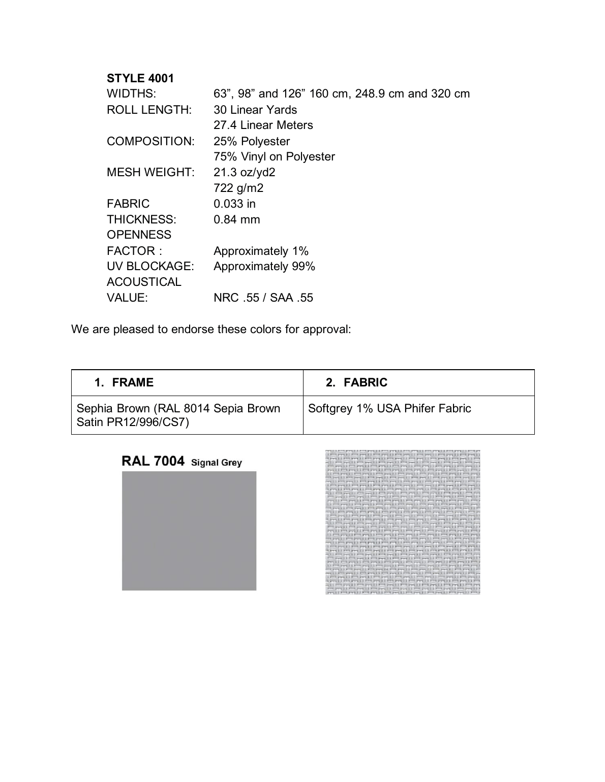 Example SmartZip proposal page showing frame colour, fabric colour and material specifications
