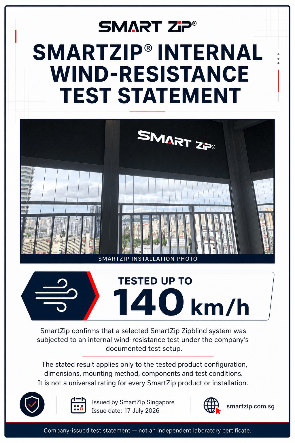 SmartZip internal wind-resistance test statement showing tested up to 140 kilometres per hour