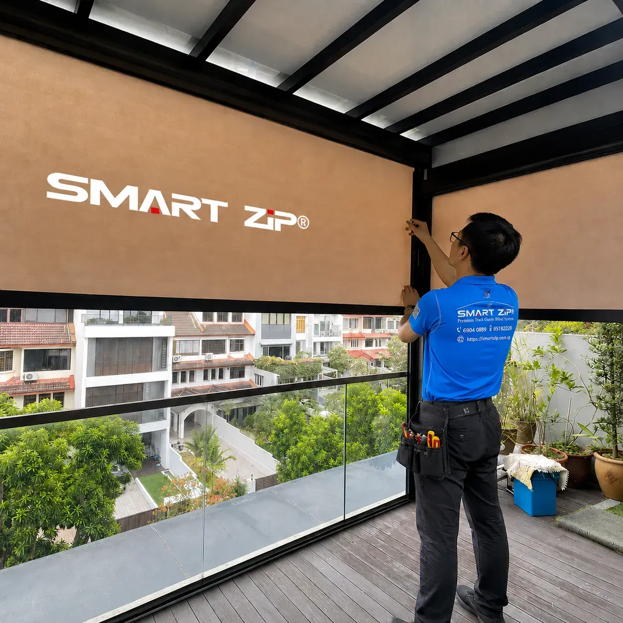 SmartZip customer support technician inspecting zip blind in Singapore
