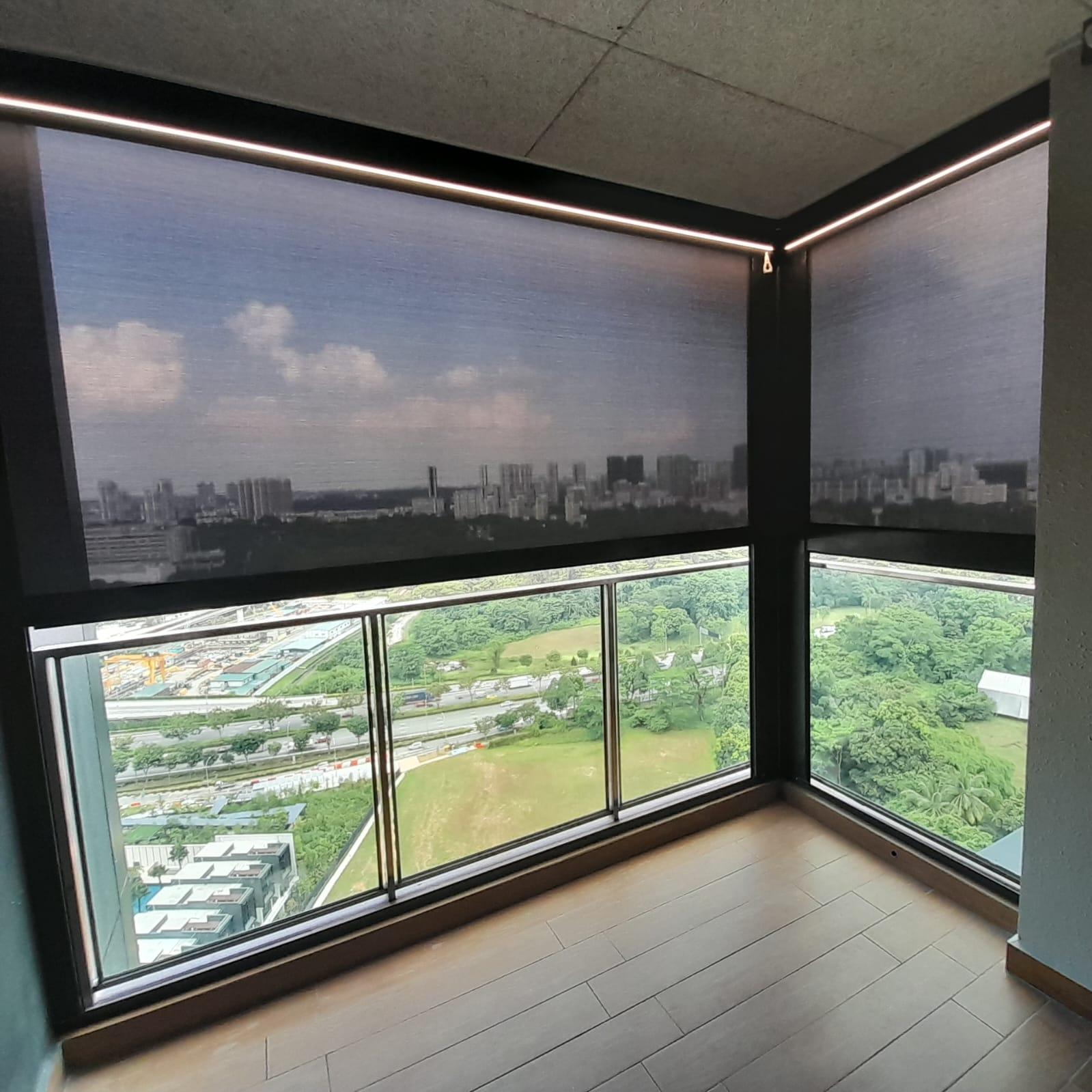 SmartZip Tiptronic motorised balcony blinds with integrated LED lighting at Normanton Park condominium