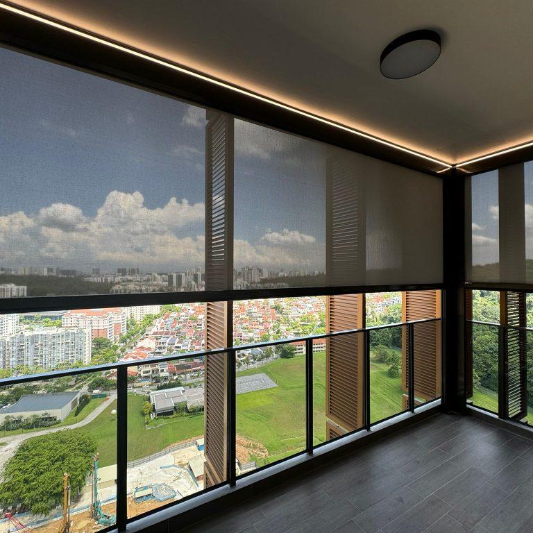 SmartZip screen blinds across a high-floor Singapore balcony with a filtered city view.