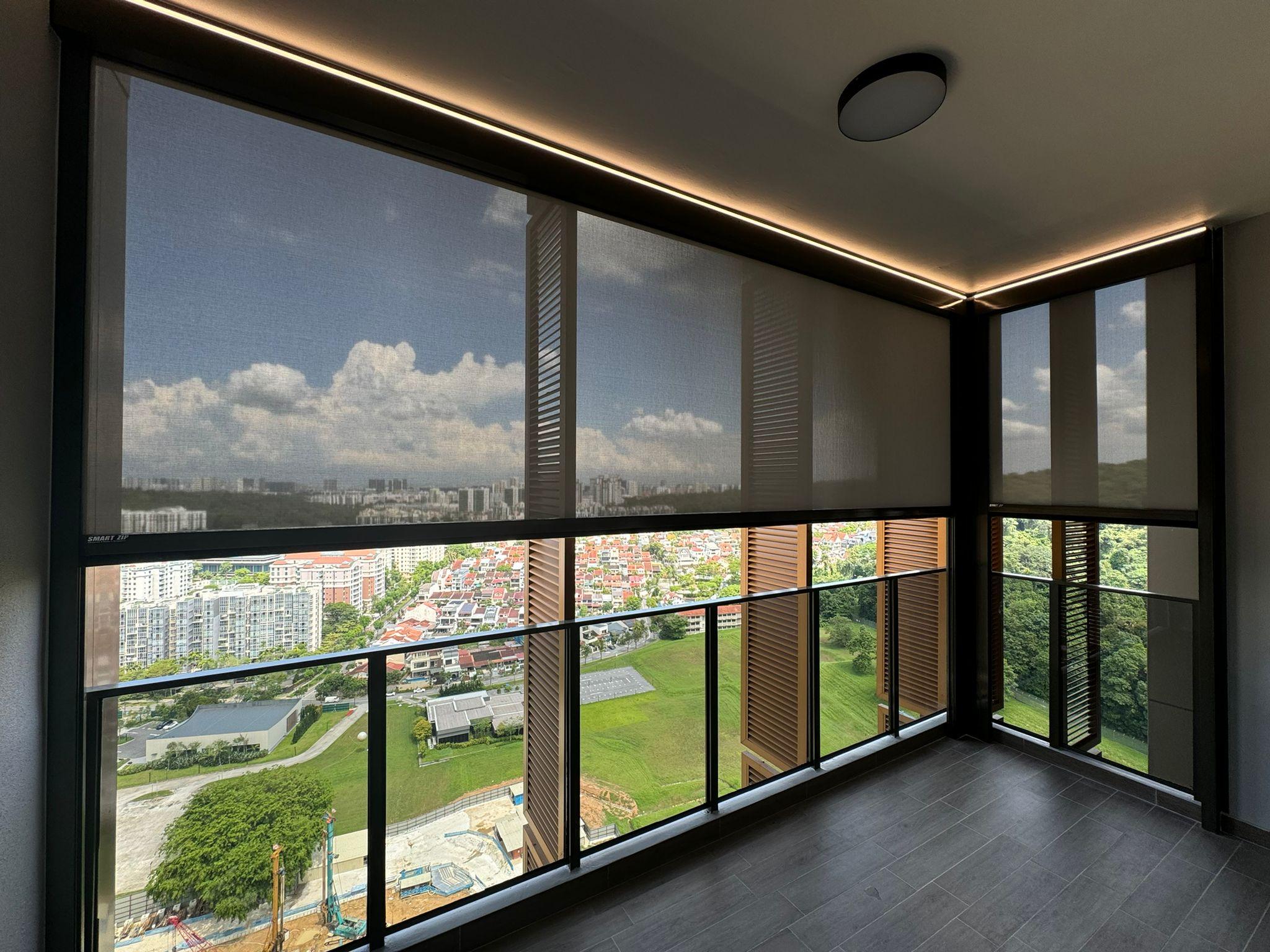 SmartZip outdoor blinds lowered across a high-floor Singapore balcony while the city view remains visible through the fabric.