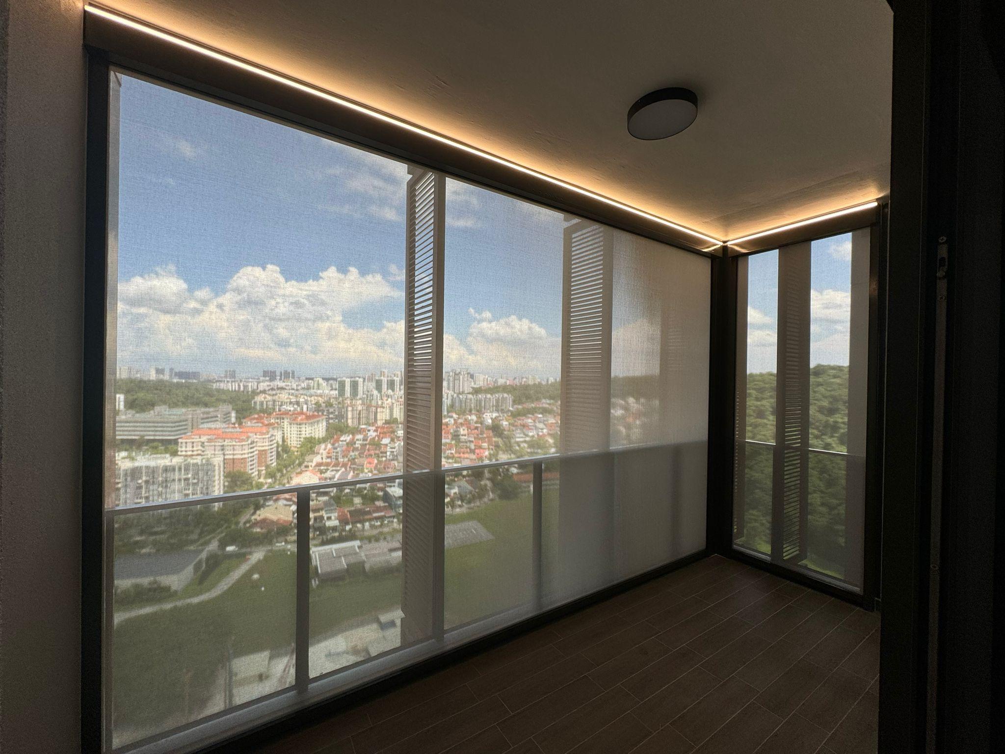 SmartZip screen blinds across a corner balcony, showing a filtered city outlook and black side tracks.